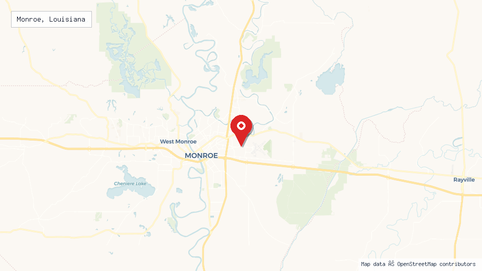 Street map of Monroe, Louisiana with location pin