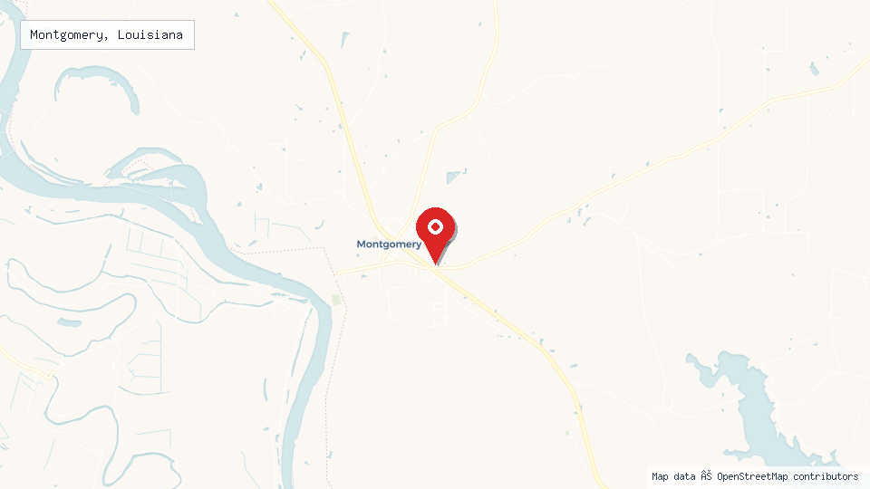 Street map of Montgomery, Louisiana with location pin