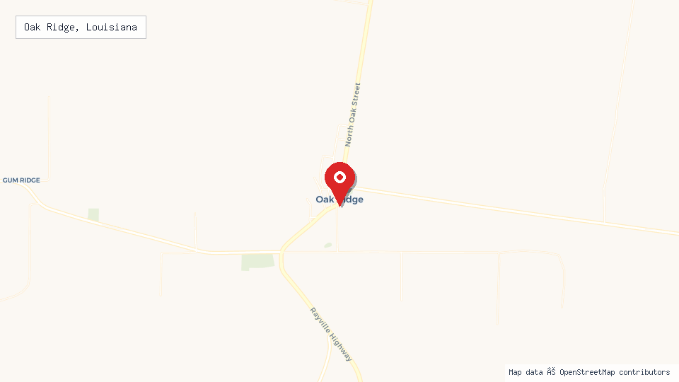 Street map of Oak Ridge, Louisiana with location pin