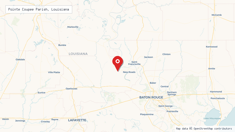 Street map of Pointe Coupee Parish, Louisiana with location pin