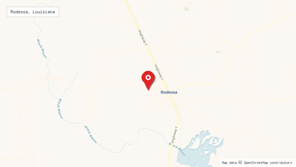 Street map of Rodessa, Louisiana with location pin