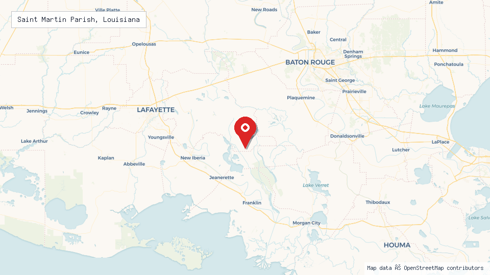 Street map of Saint Martin Parish, Louisiana with location pin