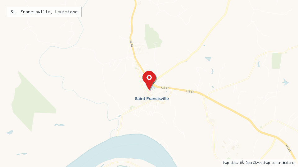 Street map of St. Francisville, Louisiana with location pin