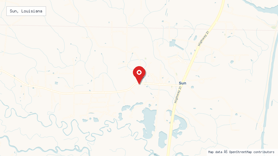 Street map of Sun, Louisiana with location pin
