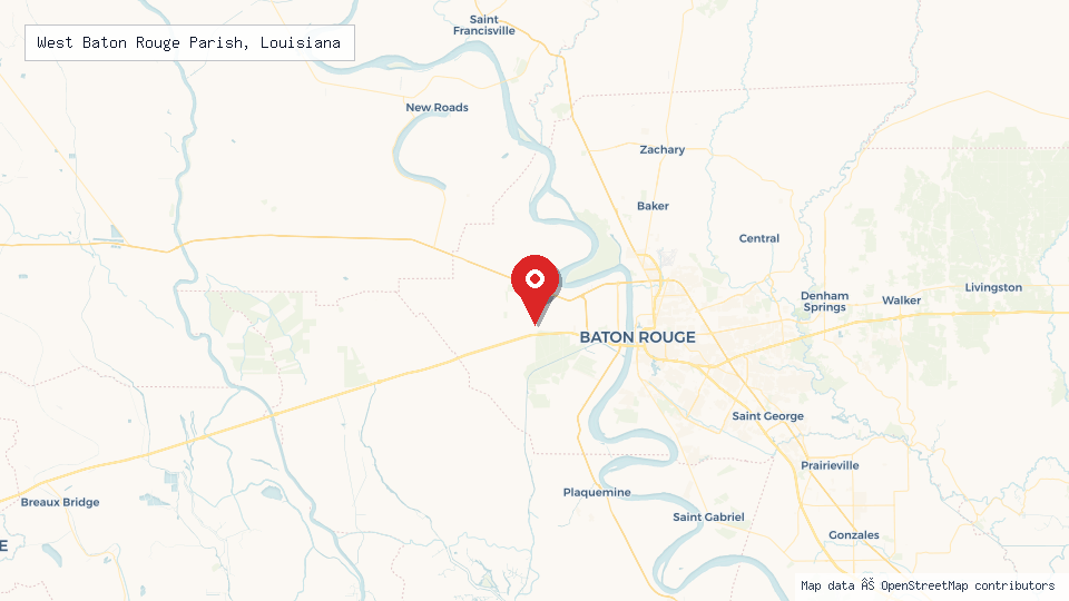 Street map of West Baton Rouge Parish, Louisiana with location pin