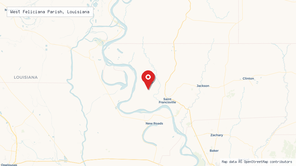 Street map of West Feliciana Parish, Louisiana with location pin