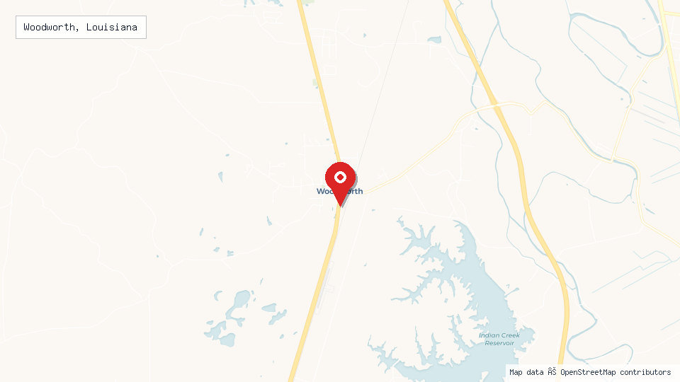 Street map of Woodworth, Louisiana with location pin