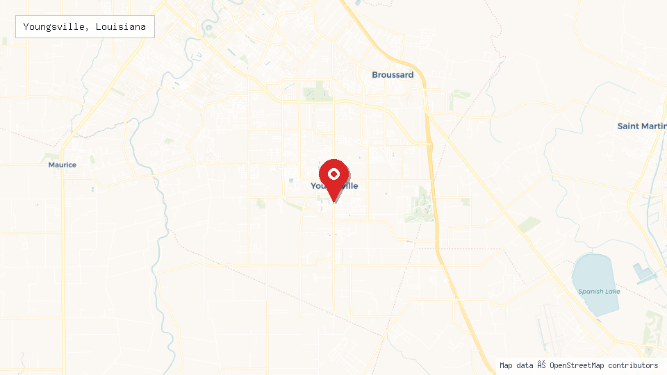 Street map of Youngsville, Louisiana with location pin
