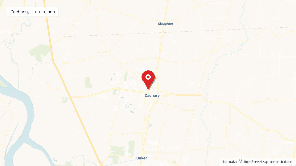 Street map of Zachary, Louisiana with location pin
