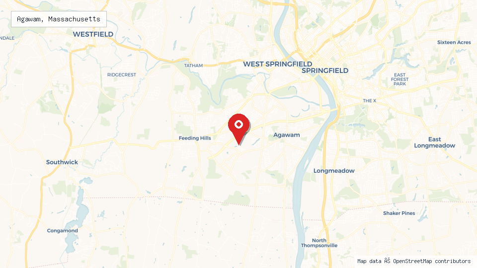 Street map of Agawam, Massachusetts with location pin