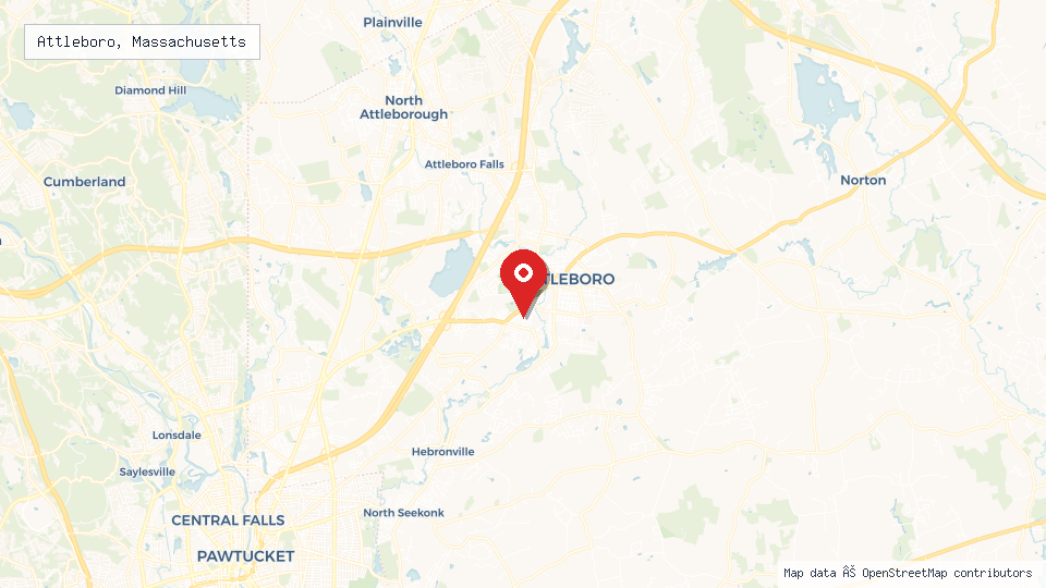 Street map of Attleboro, Massachusetts with location pin