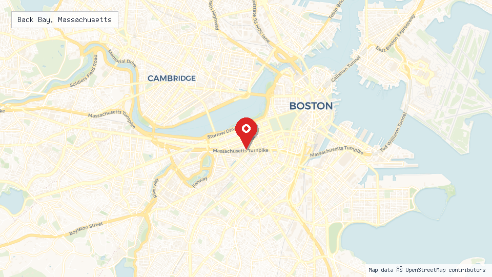 Street map of Back Bay, Massachusetts with location pin