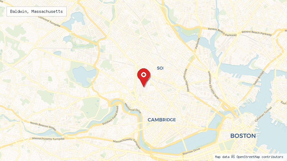Street map of Baldwin, Massachusetts with location pin