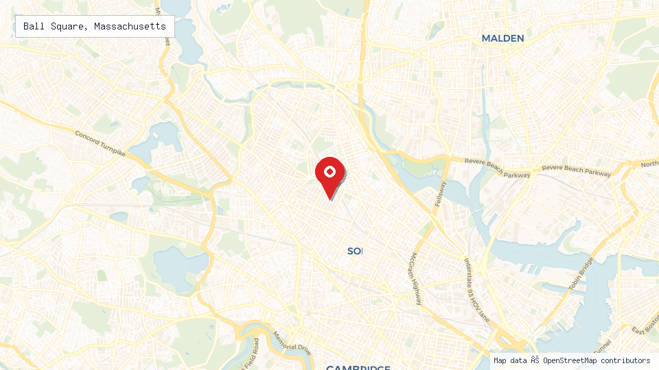 Street map of Ball Square, Massachusetts with location pin