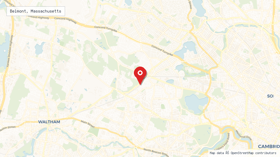 Street map of Belmont, Massachusetts with location pin