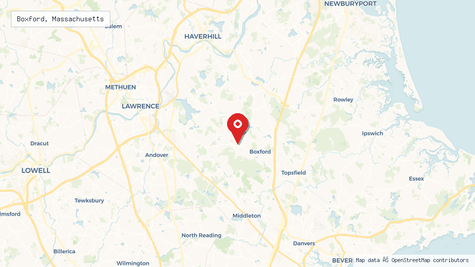 Street map of Boxford, Massachusetts with location pin