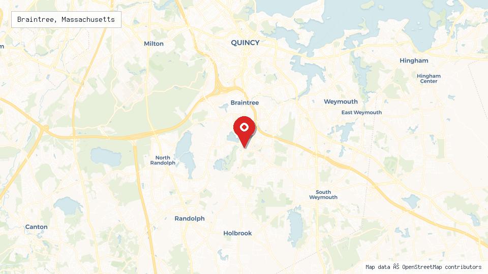 Street map of Braintree, Massachusetts with location pin