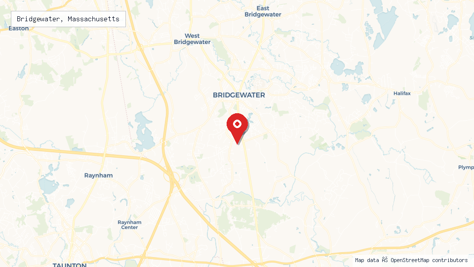 Street map of Bridgewater, Massachusetts with location pin