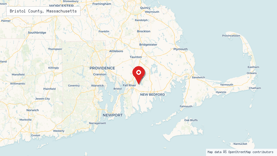 Street map of Bristol County, Massachusetts with location pin