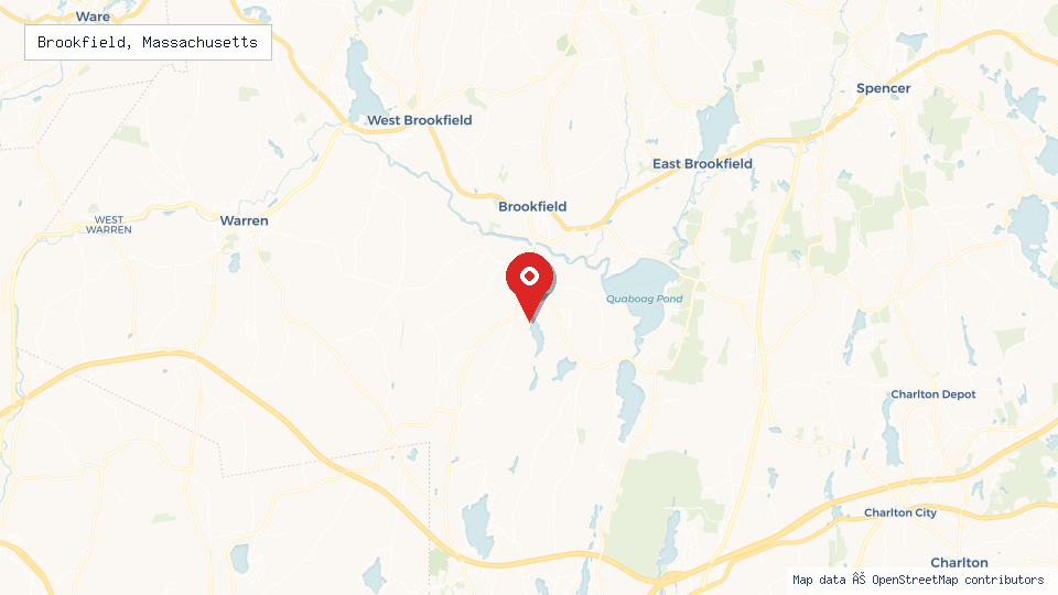 Street map of Brookfield, Massachusetts with location pin