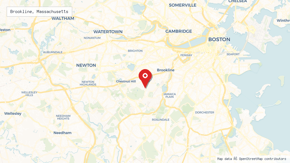 Street map of Brookline, Massachusetts with location pin