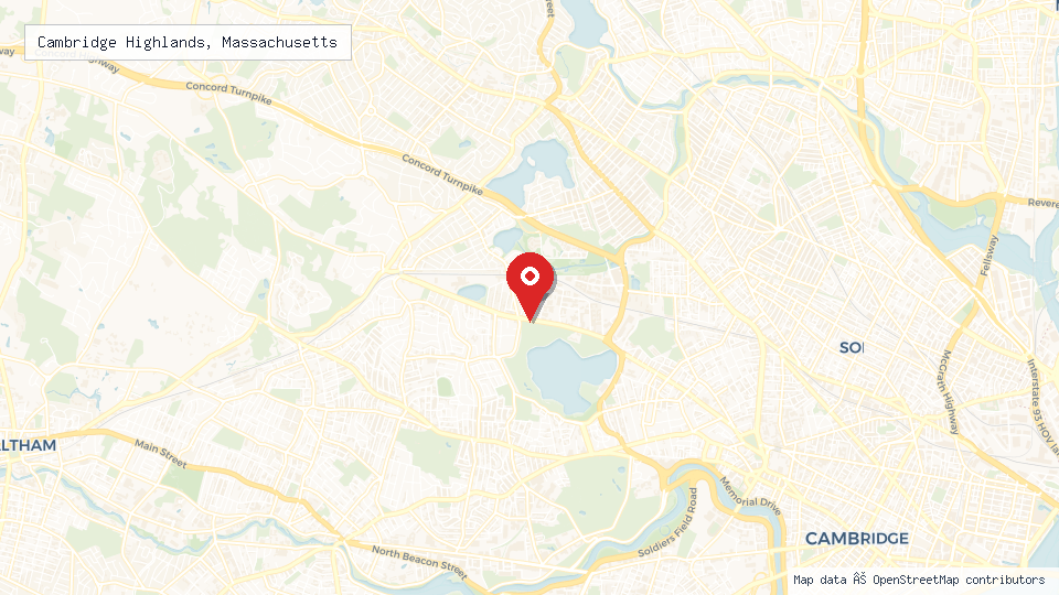 Street map of Cambridge Highlands, Massachusetts with location pin