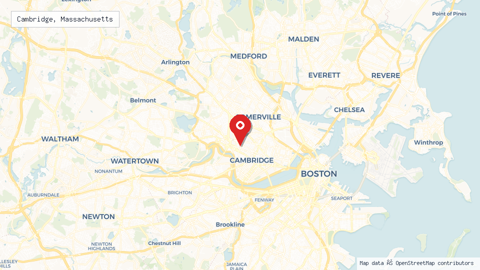 Street map of Cambridge, Massachusetts with location pin