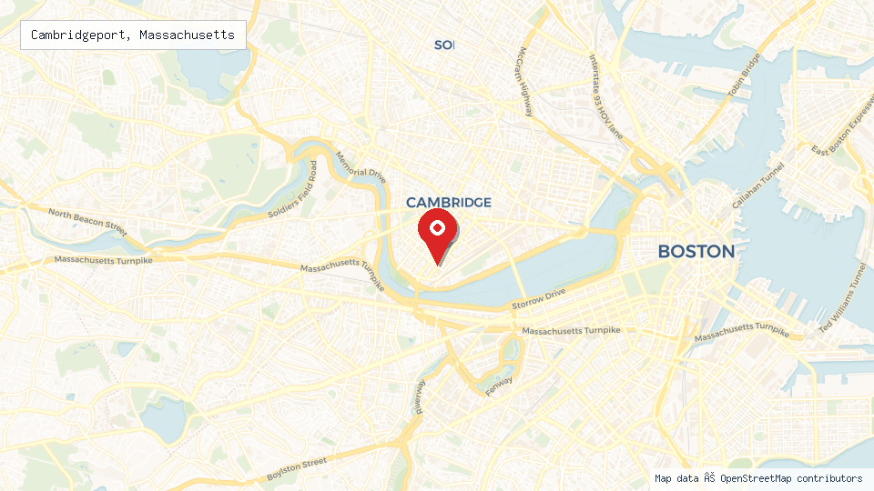 Street map of Cambridgeport, Massachusetts with location pin