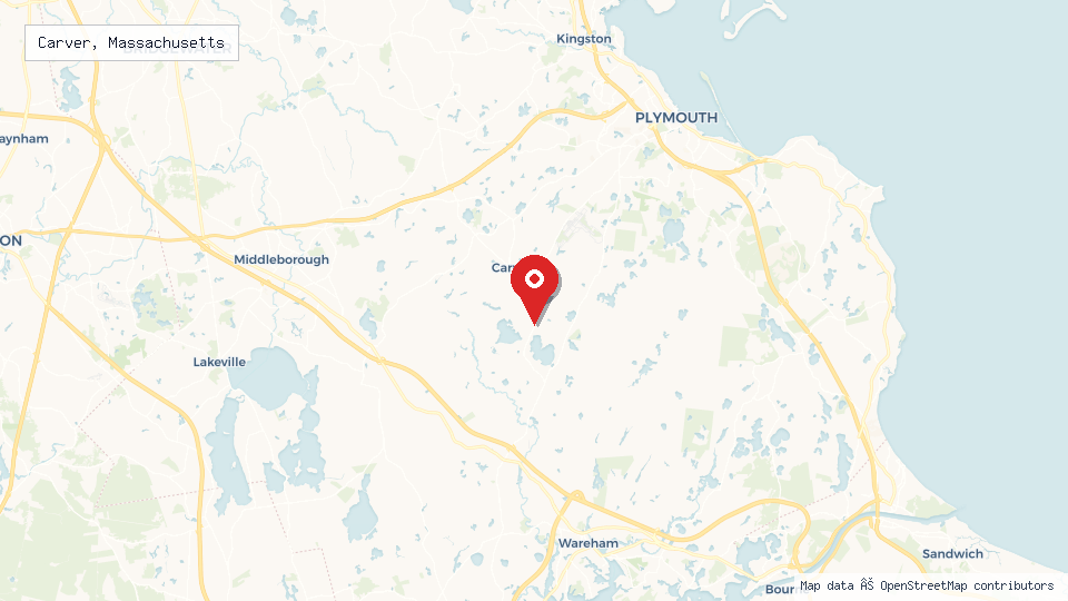 Street map of Carver, Massachusetts with location pin