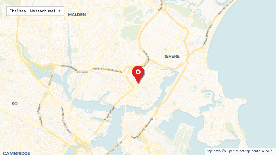 Street map of Chelsea, Massachusetts with location pin