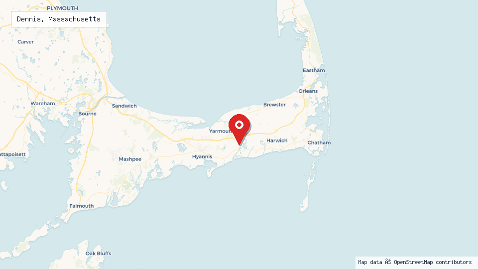 Street map of Dennis, Massachusetts with location pin