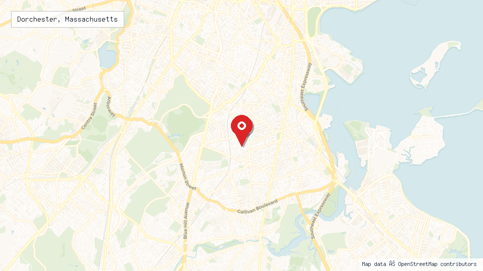 Street map of Dorchester, Massachusetts with location pin