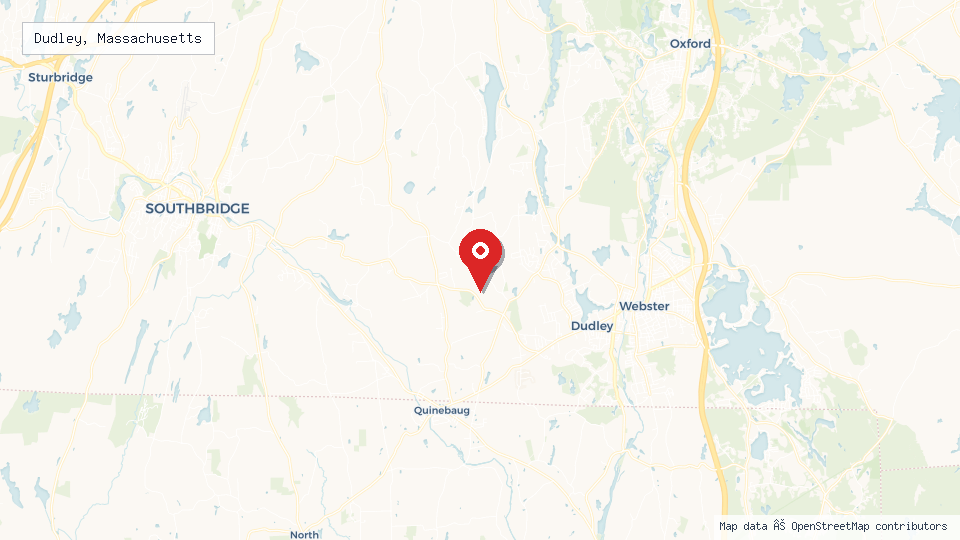 Street map of Dudley, Massachusetts with location pin