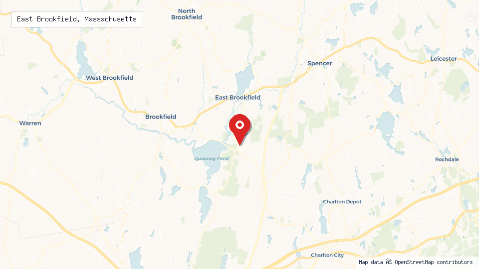Street map of East Brookfield, Massachusetts with location pin