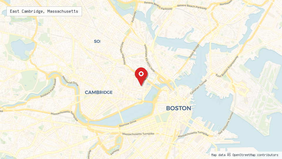 Street map of East Cambridge, Massachusetts with location pin