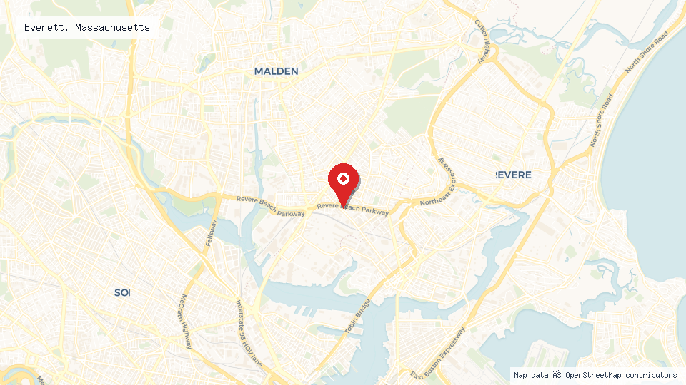 Street map of Everett, Massachusetts with location pin