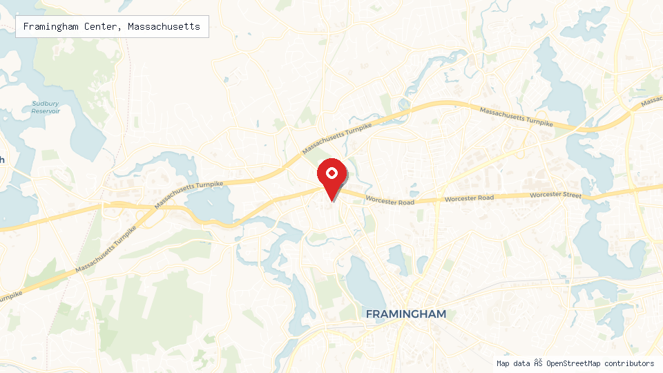 Street map of Framingham Center, Massachusetts with location pin