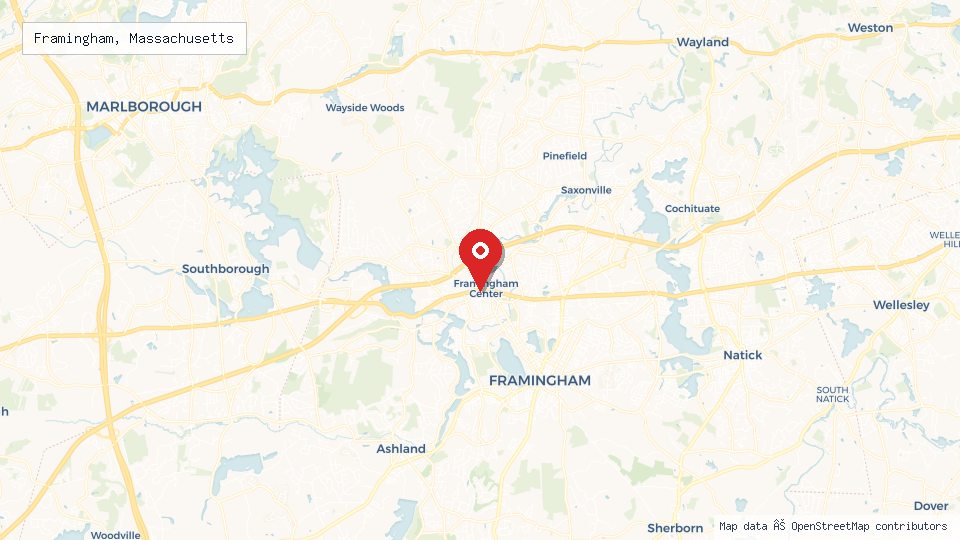 Street map of Framingham, Massachusetts with location pin