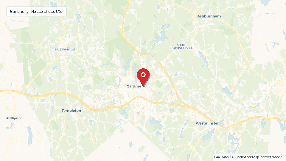 Street map of Gardner, Massachusetts with location pin