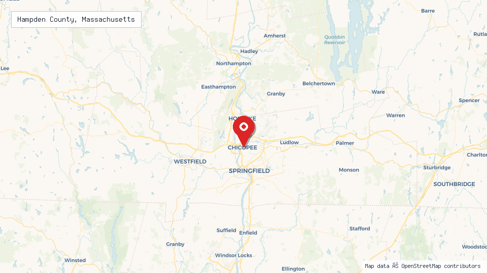 Street map of Hampden County, Massachusetts with location pin