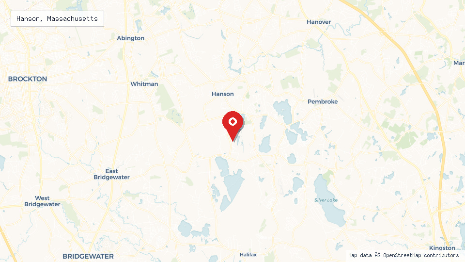 Street map of Hanson, Massachusetts with location pin
