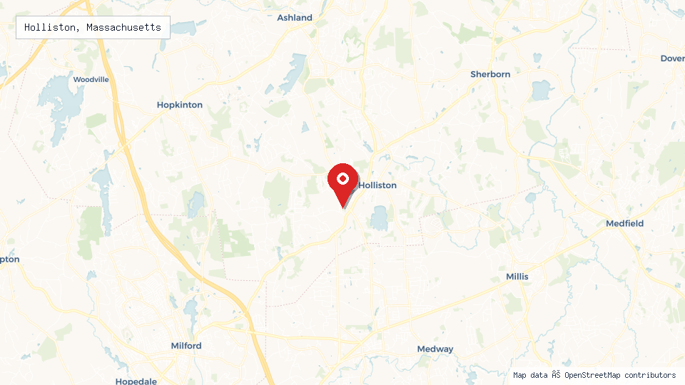 Street map of Holliston, Massachusetts with location pin