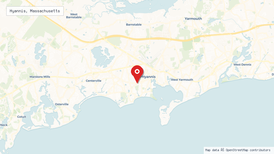 Street map of Hyannis, Massachusetts with location pin