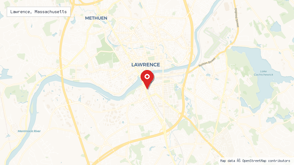 Street map of Lawrence, Massachusetts with location pin