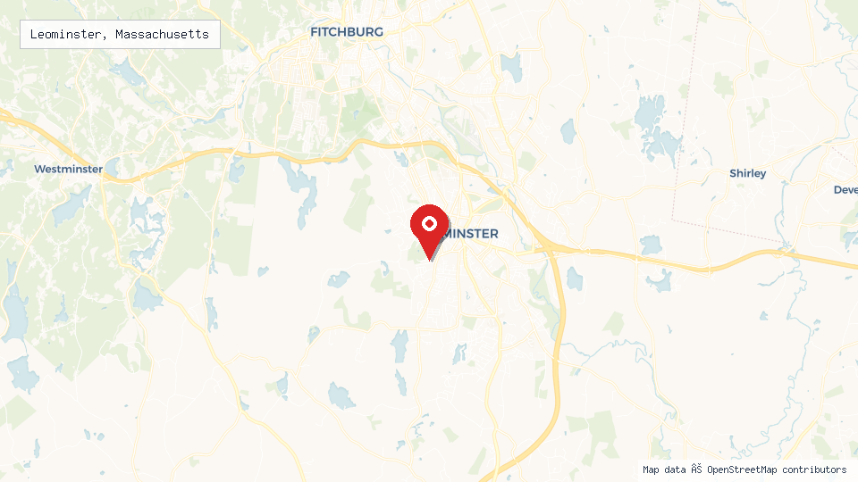 Street map of Leominster, Massachusetts with location pin