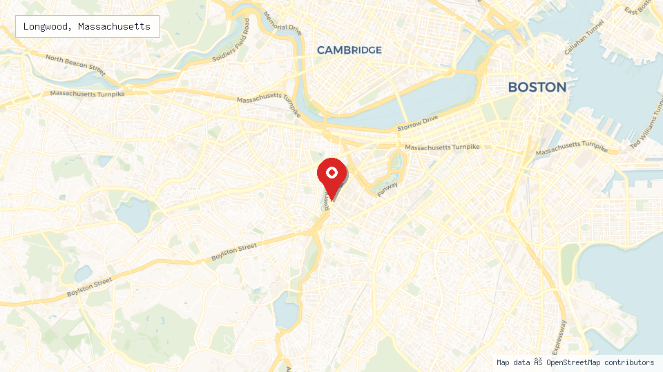 Street map of Longwood, Massachusetts with location pin