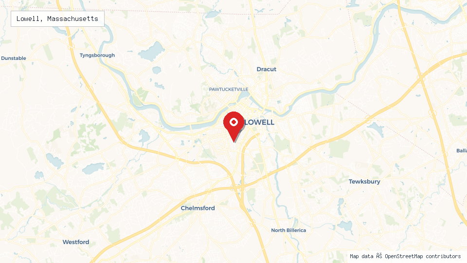 Street map of Lowell, Massachusetts with location pin