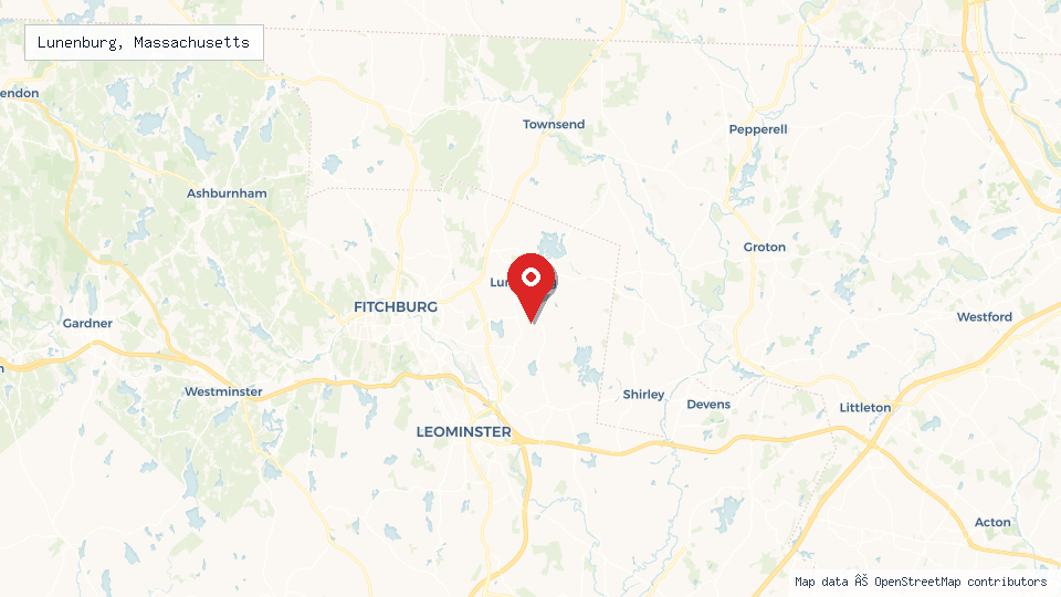Street map of Lunenburg, Massachusetts with location pin