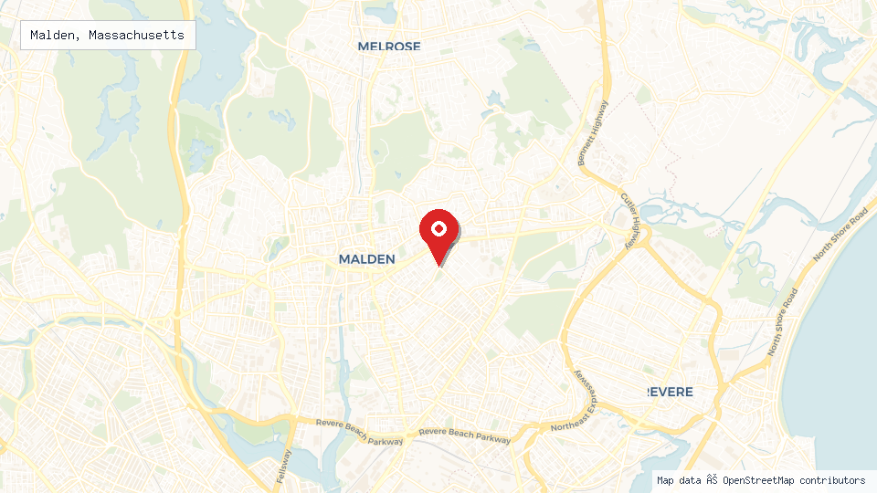 Street map of Malden, Massachusetts with location pin