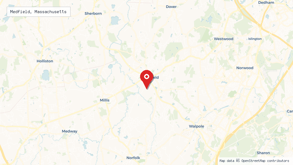 Street map of Medfield, Massachusetts with location pin